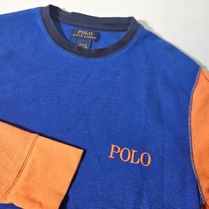 Polo Ralph Lauren Boys Thermal Long Sleeve Shirt Blue Orange Crewneck M